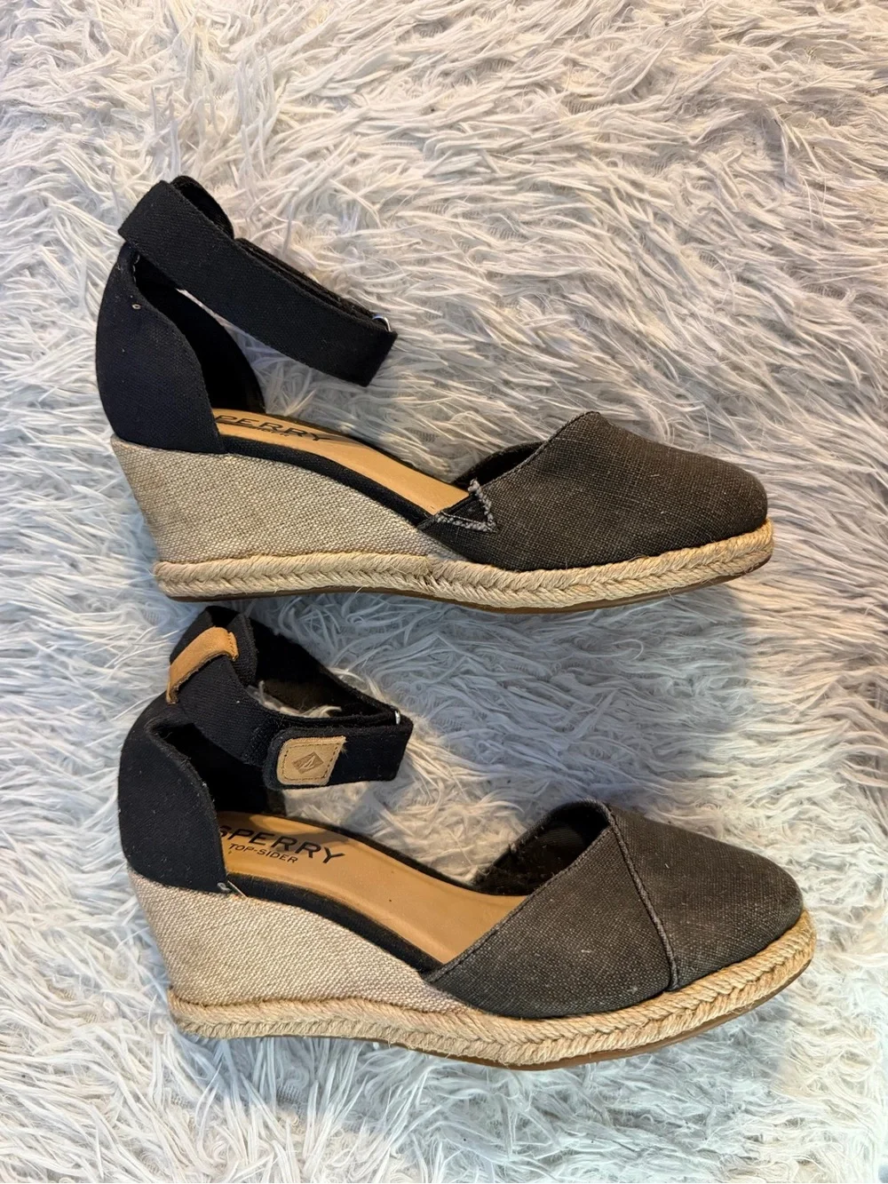 Sperry Black Canvas Espadrille Wedge Sandals with Ankle Strap